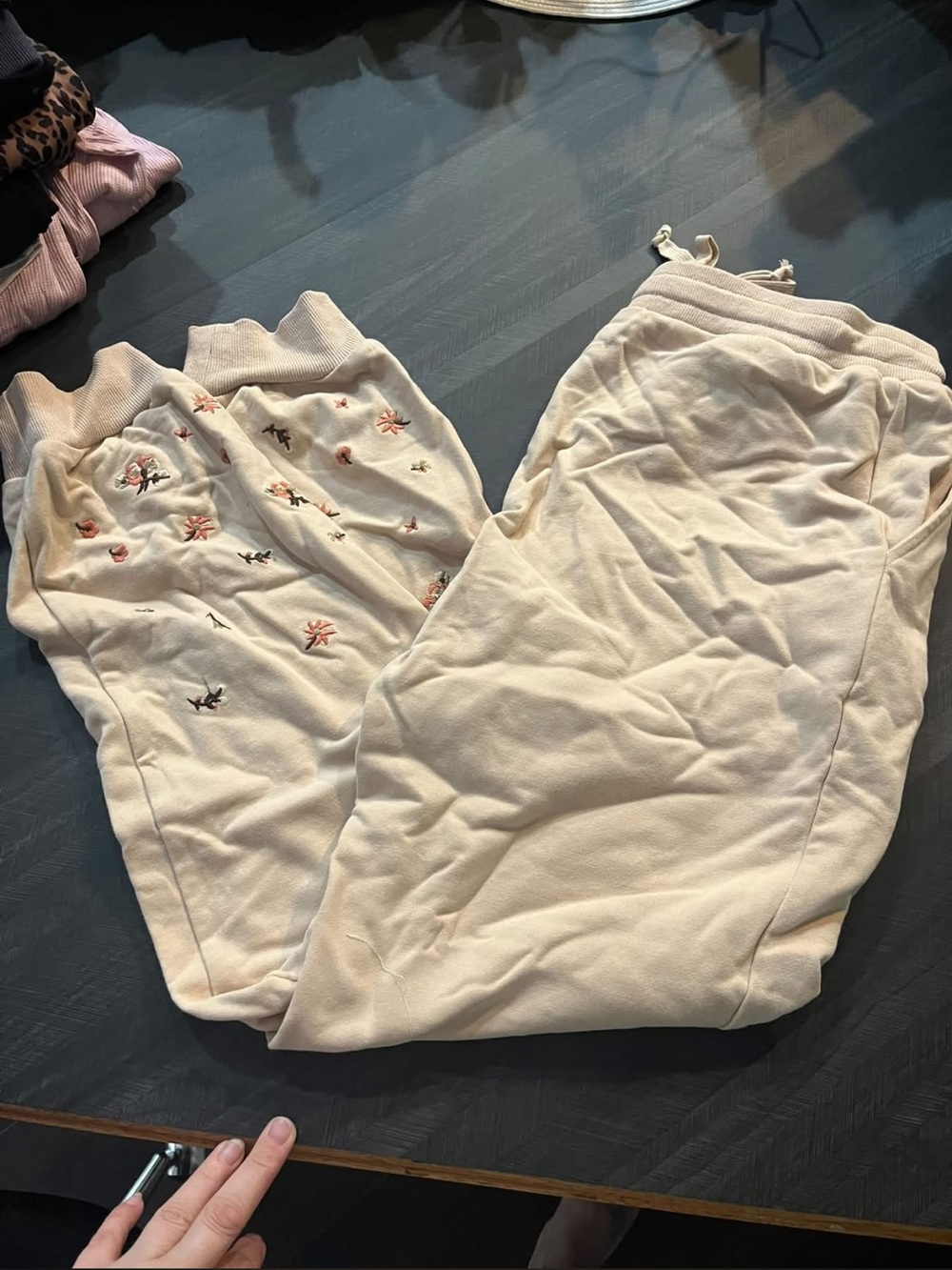 Hem & Thread Cream Embroidered Joggers with Pink & Green Accents